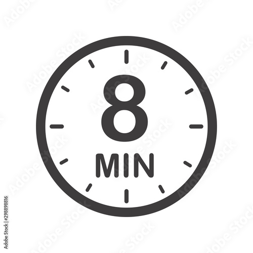 Eight minutes icon. Symbol for product labels. Different uses such as cooking time, cosmetic or chemical application time, waiting time ...