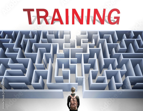 Training can be hard to get - pictured as a word Training and a maze to symbolize that there is a long and difficult path to achieve and reach Training, 3d illustration photo