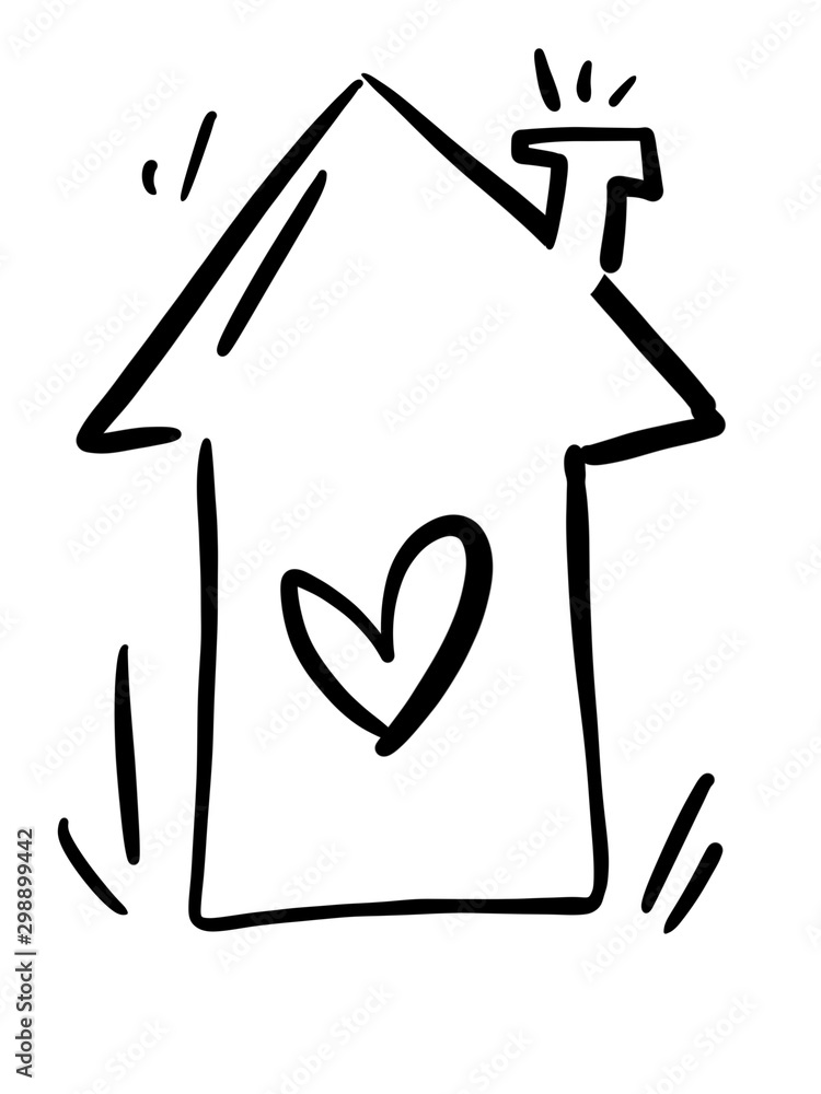 House icon and heart sign. home. honeymoon trip. Hand-drawn