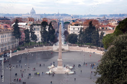 Piazza del Popolo view from the Pincio hill with an Egyptian obelisk of Ramesses II in the centre of the square, Rome, Italy. photo