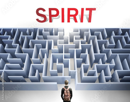 Spirit can be hard to get - pictured as a word Spirit and a maze to symbolize that there is a long and difficult path to achieve and reach Spirit, 3d illustration photo