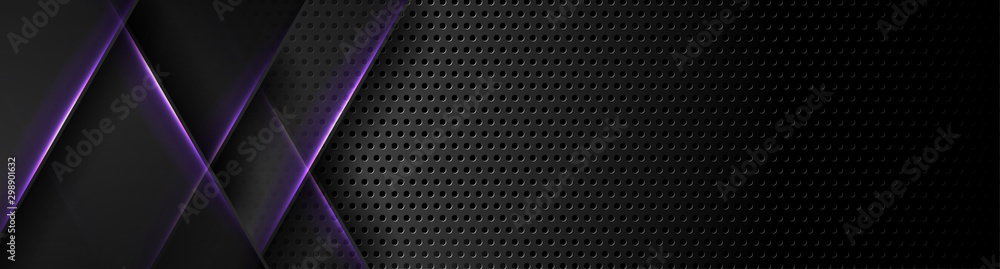 Futuristic perforated technology abstract background with violet neon glowing lines. Vector banner design - obrazy, fototapety, plakaty 