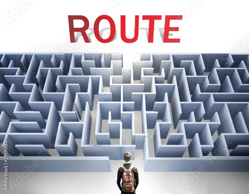 Route can be hard to get - pictured as a word Route and a maze to symbolize that there is a long and difficult path to achieve and reach Route, 3d illustration