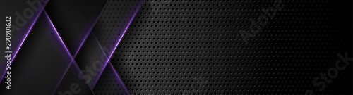 Futuristic perforated technology abstract background with violet neon glowing lines. Vector banner design