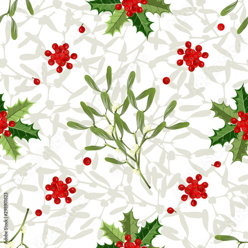 Christmas seamless pattern with mistletoe branches and holly berries on white background, vector illustration.