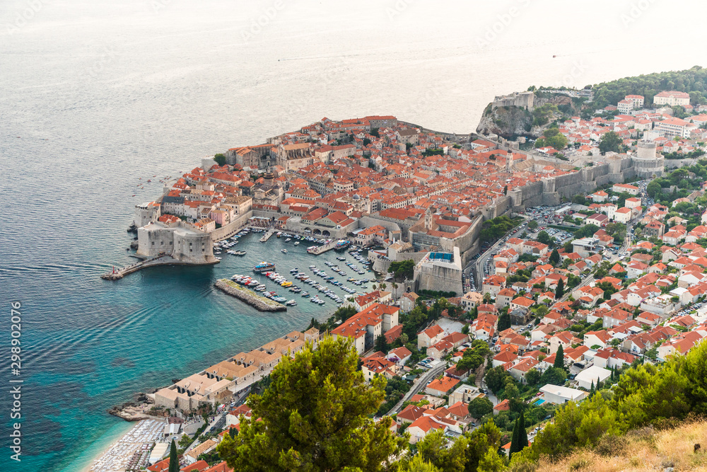 Dubrovnik, Croatia - July, 2019: View from the top of the mountain of Srdj to the old part of the city in the fortress in Dubrovnik, Croatia.