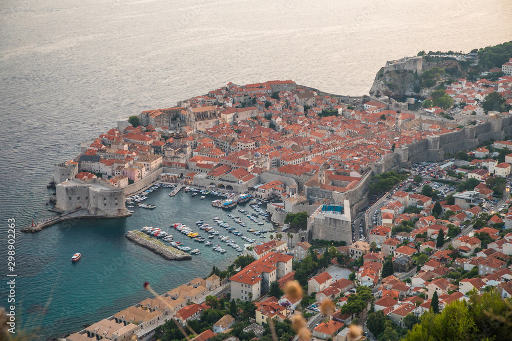 Dubrovnik, Croatia - July, 2019: View from the top of the mountain of Srdj to the old part of the city in the fortress in Dubrovnik, Croatia.