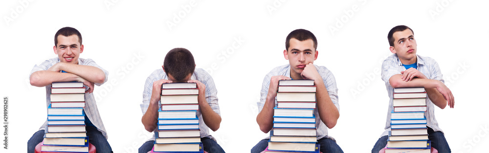 Student with lots of books on white Student with lots of books on white