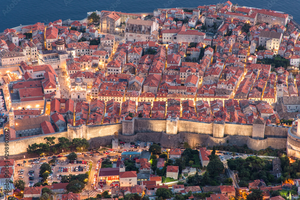 Dubrovnik, Croatia - July, 2019: The old town of Dubrovnik, Croatia on a sunny day from the top of the hill.