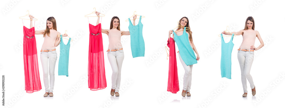 Woman trying new clothing on white Woman trying new clothing on white
