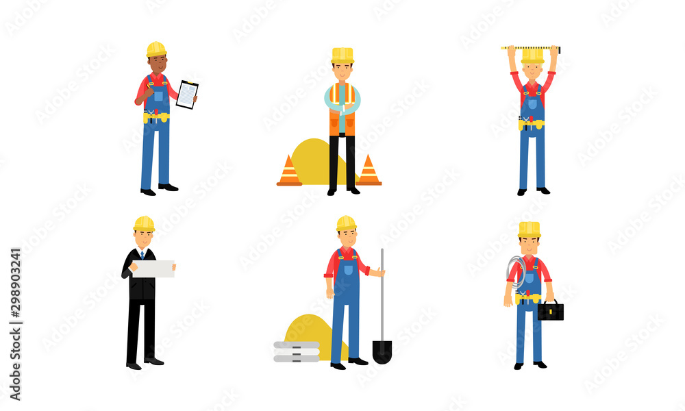 Builders And Engineers With Equipment In Different Actions Vector Illustration Set Isolated On White Background