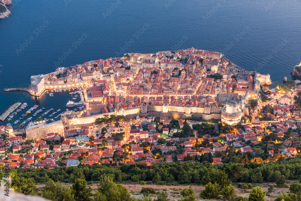 Dubrovnik, Croatia - July, 2019: The old town of Dubrovnik, Croatia on a sunny day from the top of the hill.