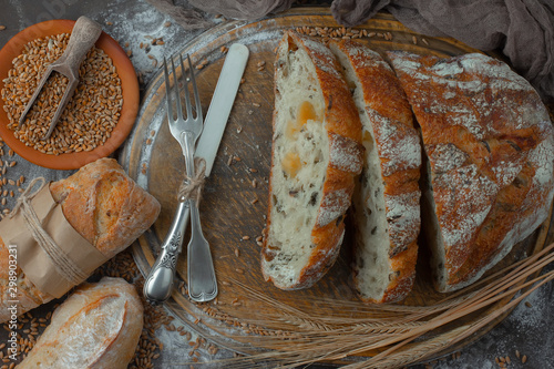 Bread products on the table in composition - close-up