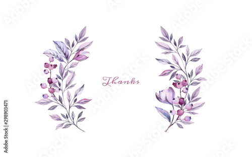 Watercolor floral thank you card with purple anemone buds. Hand-painted botanical illustration. Flowers, leaves, berries isolated on white for wedding stationery, events, banners
