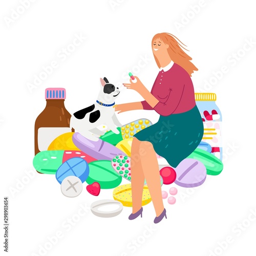 Pet treatment. Woman gives pill to dog. Vector owner and animal characters, pets care illustration