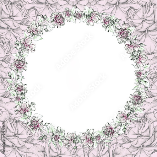 Round elegant frame of roses. Hand drawing with a pencil.  Mock up. © yulanaom