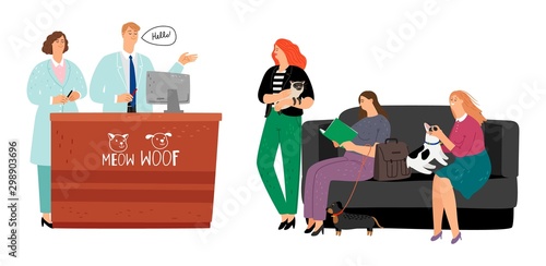 Veterinary hospital reception. Owners with pets waiting doctor. Animal health care vector concept