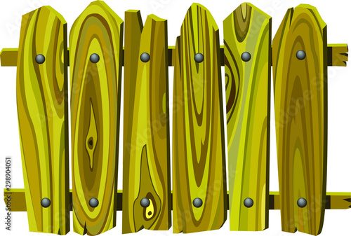 rural wooden yellow fence of rough boards vector illustration isolated on white background in cartoon style