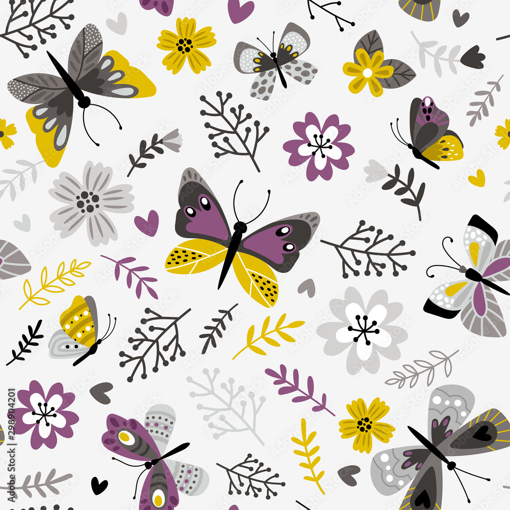 Fototapeta premium Butterflies and sprigs pattern. Florals botanicals seamless print, printed botanical floral vector background on white, decorative spring meadow flora vector illustration