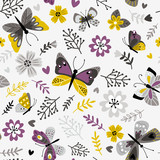 Butterflies and sprigs pattern. Florals botanicals seamless print, printed botanical floral vector background on white, decorative spring meadow flora vector illustration