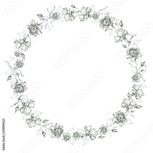 Circle frame with hand drawing roses. 