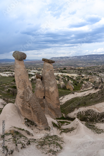 Three Graces are the brilliant three fairy chimneys fungous This amazing natural formation of sandstone located on Urgup Cappadocia Province in the Central Anatolia Region of Turkey, Asia.