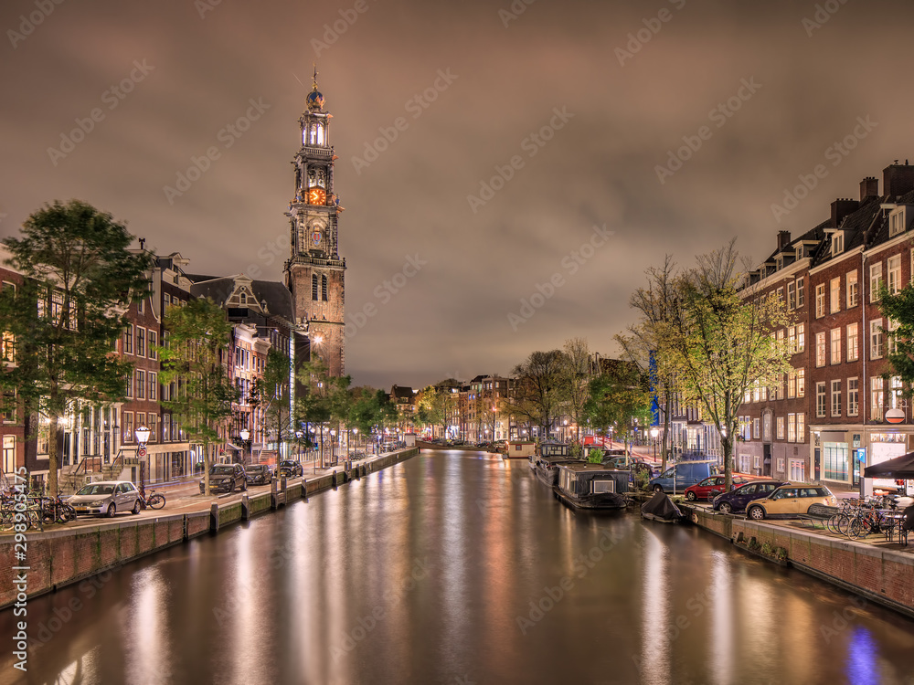Night view on Prinsengracht in Amsterdam historical Canal belt.