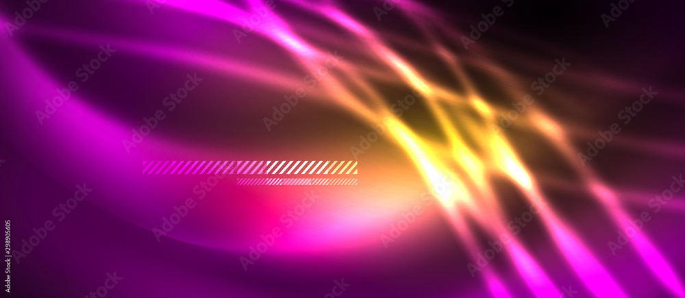 Neon abstract waves background. Shiny lights on bright colors with design elements. Futuristic or technology template illustration, hi-tech concept
