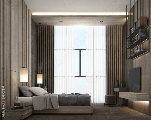 Interior design of modern luxury bedroom room with bed and night table, grey wooden wall decorate built-in, sunlight at the windows and wooden floor. 3d rendering