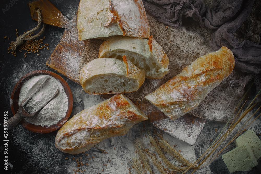 Bread products on the table in composition - close-up