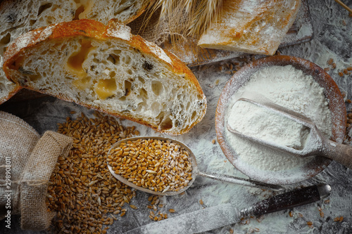 Bread products on the table in composition - close-up