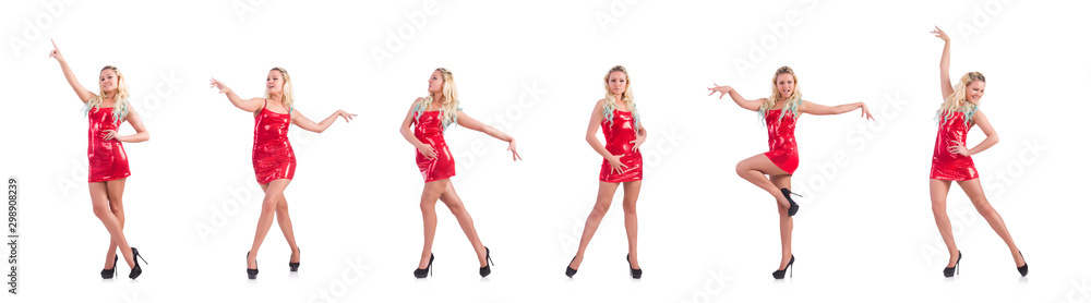 Blondie in red sparkling mini dress isolated on white Blondie in red sparkling mini dress isolated on white