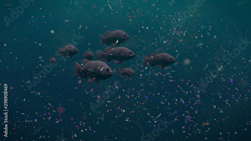 Photography fish swarm swimming through plastic pollution, micro plastic particles in ocean