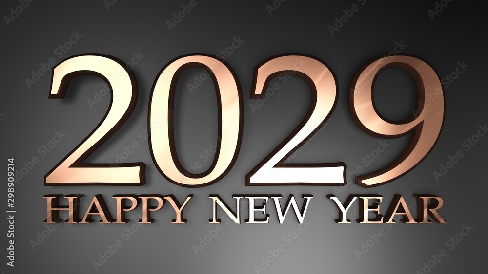2029 Happy New Year copper write on black background - 3D rendering illustration 2029 Happy New Year copper write on black background - 3D rendering illustration