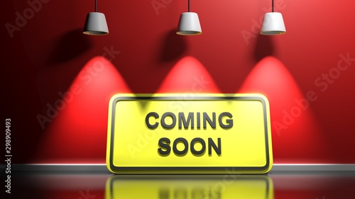 COOMING SOON yellow sign board at red wall - 3D rendering illustration