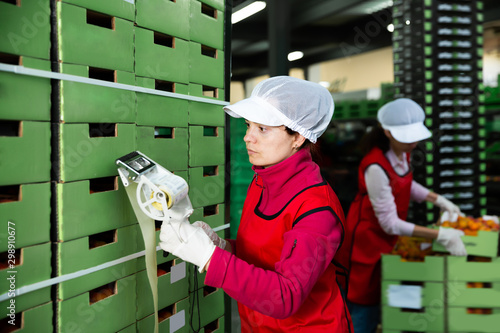 Nice workwoman sticking labels on carton boxes
