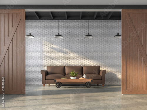 Industrial style living room 3d render.There are white brick walls,polished concrete floors,black steel ceilings and wooden sliding doors,Decorated with dark brown leather sofas. photo