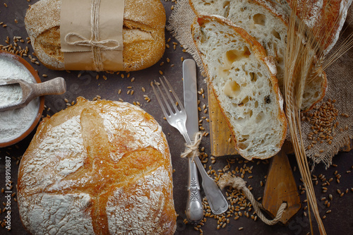 Bread products on the table in composition - close-up