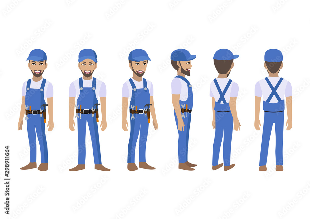 Engineer , technician, builders and mechanics cartoon character for animation. Front, side, back, 3-4 view character. Flat vector illustration Engineer , technician, builders and mechanics cartoon character for animation. Front, side, back, 3-4 view character. Flat vector illustration