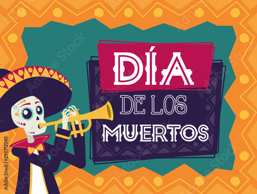 dia de los muertos card with mariachi skull playing trumpet