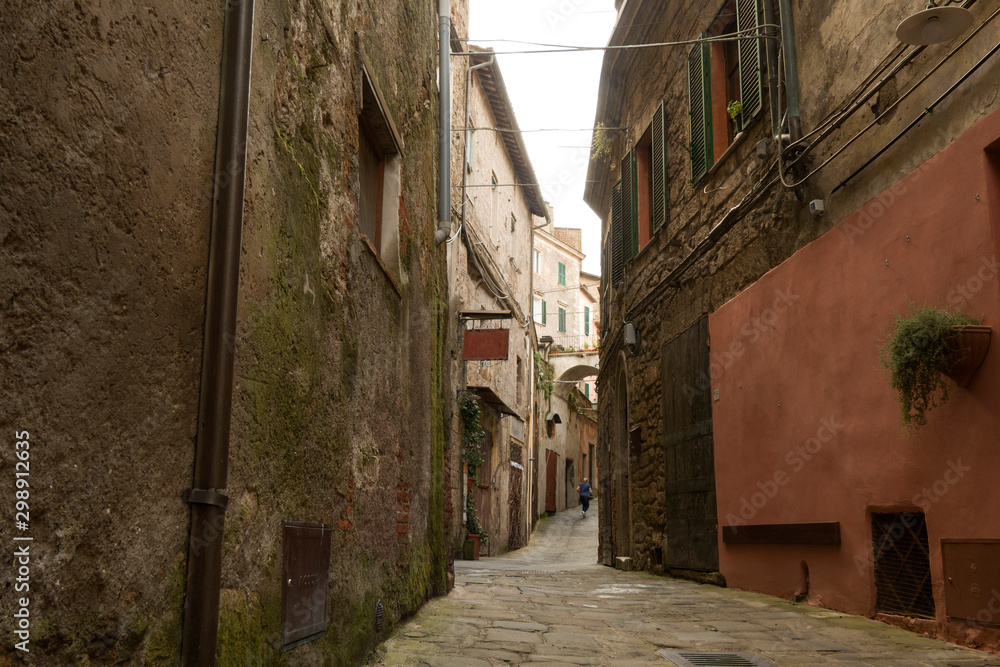 Pitigliano / Italy 23 2019: Architecture of Pitigliano medieval tuff town in Tuscany, Italy.