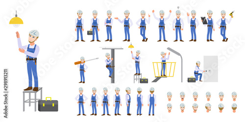 Electrician Technician worker, engineer, building construction worker and mechanics cartoon character set and animation. Front, side, back, 3-4 view character. Flat vector illustration