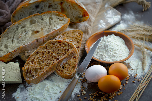 Bread products on the table in composition - close-upм