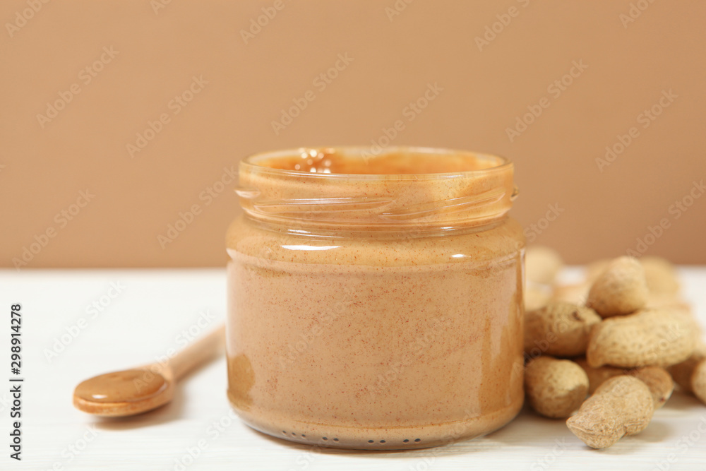 creamy peanut butter on the table. Peanut paste. creamy peanut butter on the table. Peanut paste.