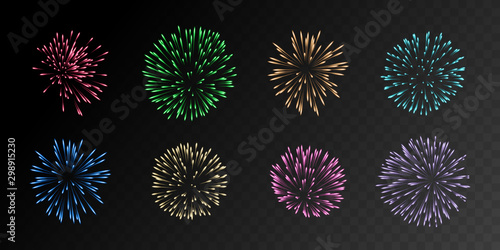 A vector collection showcasing eight realistic fireworks in various colors, isolated on a black background.