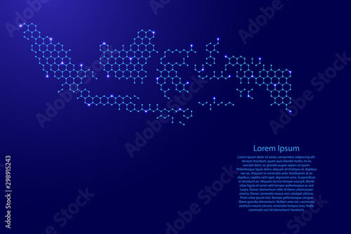 Indonesia map from futuristic hexagonal shapes, lines, points blue and glowing stars in nodes, form of honeycomb or molecular structure for banner, poster, greeting card. Vector illustration.