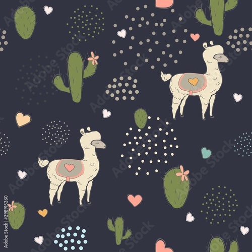 Seamless Alpaca Pattern with cacti, hearts and dots on dark background. Hand Drawn Design.