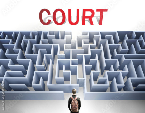Court can be hard to get - pictured as a word Court and a maze to symbolize that there is a long and difficult path to achieve and reach Court, 3d illustration photo