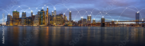 Technology Connection line between Panorama of New York Cityscape building at the twilight time, Architecture and building, Digital Data computer communication and internet of things concept concept