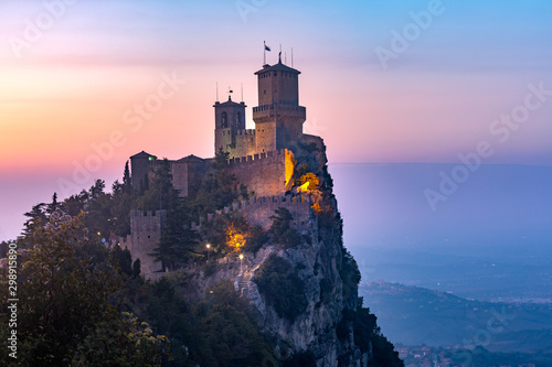 Guaita fortress or Prima Torre on the ridge of Mount Titano, in the city of San Marino of the Republic of San Marino at sunset